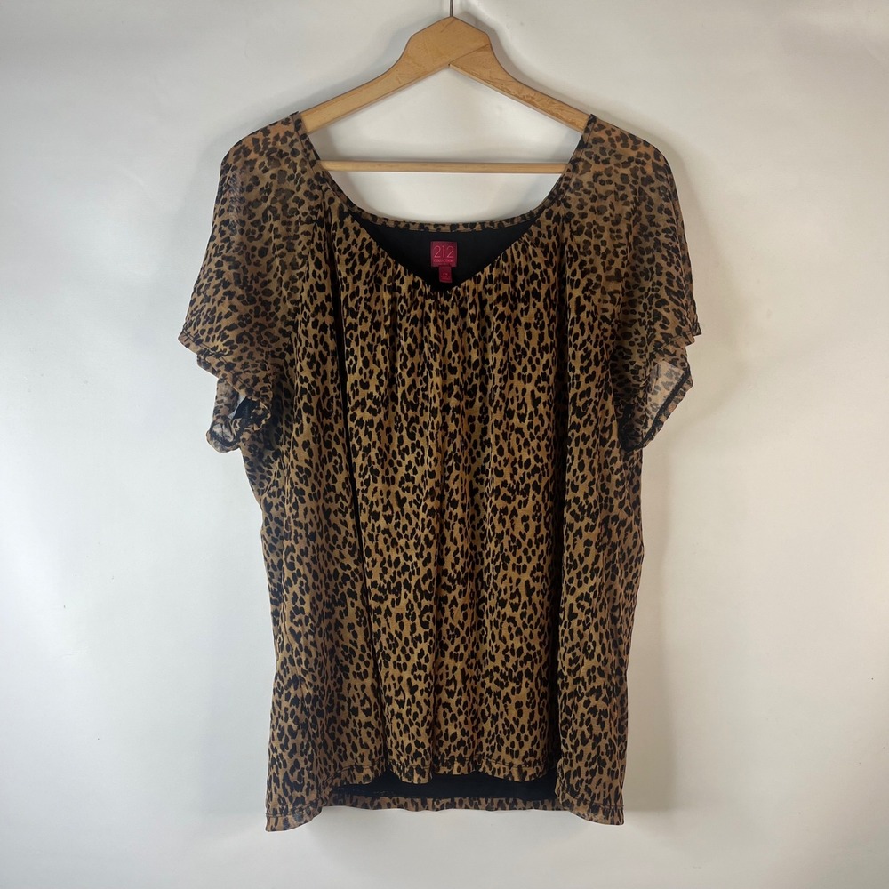 212 Collection Blouse Women 2X Brown Leopard Print Sheer Mesh Layered Top